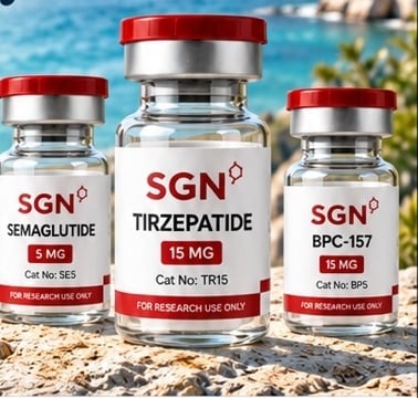 research peptide vials on coastal rock